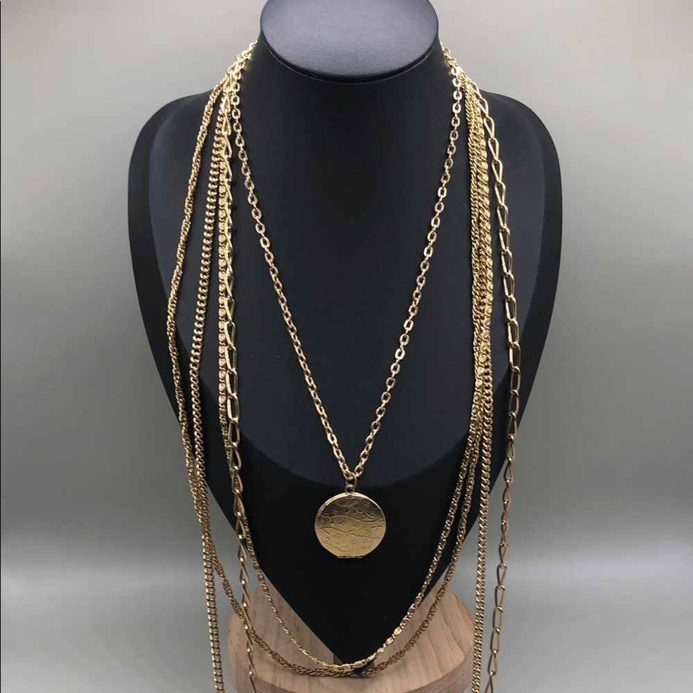 Vintage Citation Multi Layer Gold Tone Chain Necklace Locket Pendant Dressy Look - Picture 8 of 9